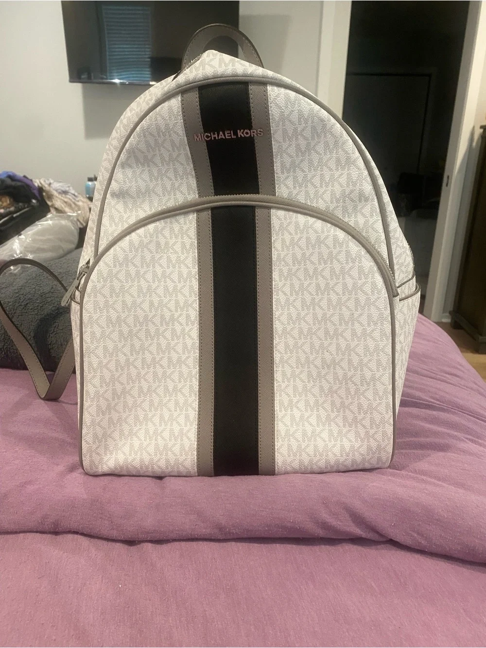 Michael Kors White Monogram Backpack with Black Center Stripe